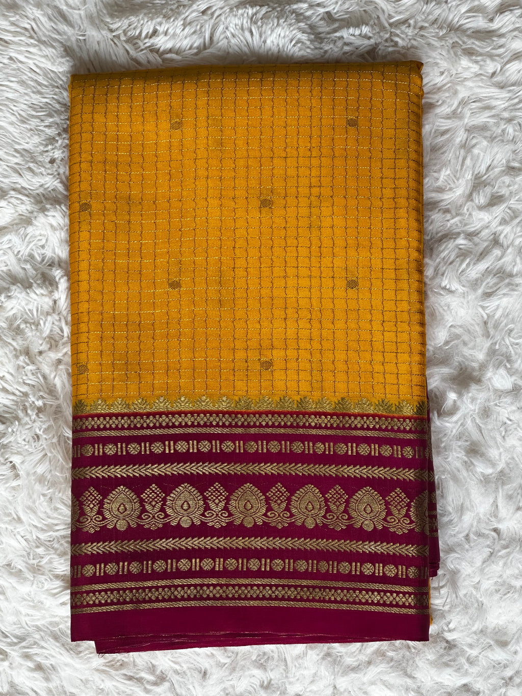 Yellow & Pink - 120 gsm - Mysore Crepe Saree