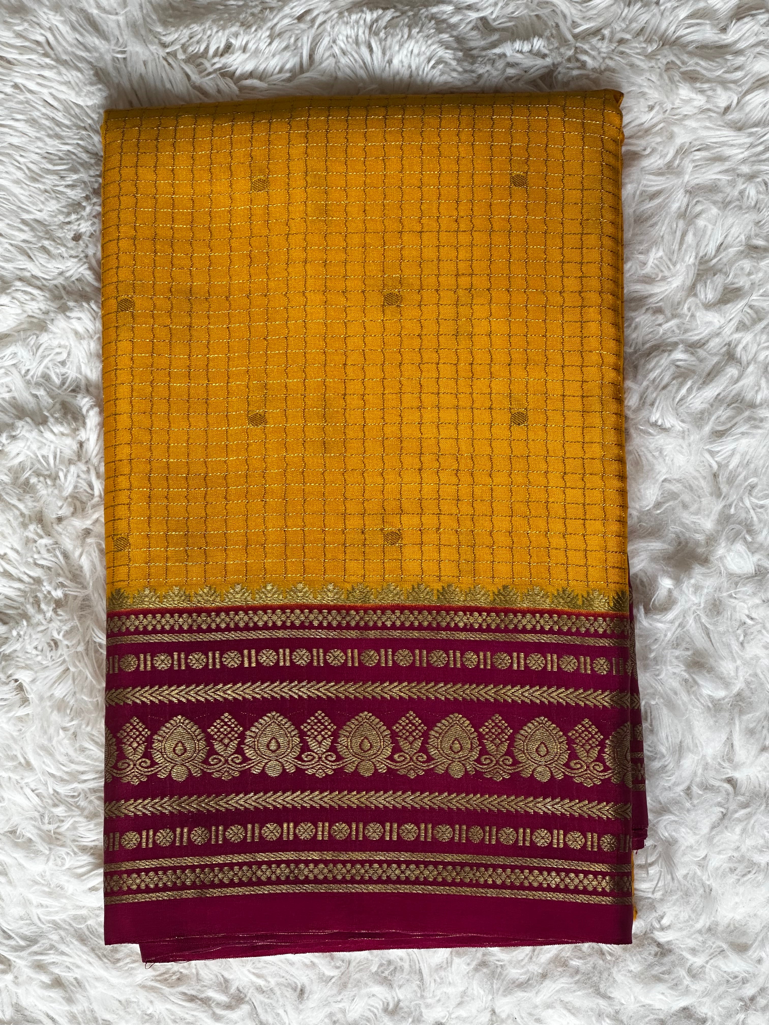 Yellow & Pink - 120 gsm - Mysore Crepe Saree