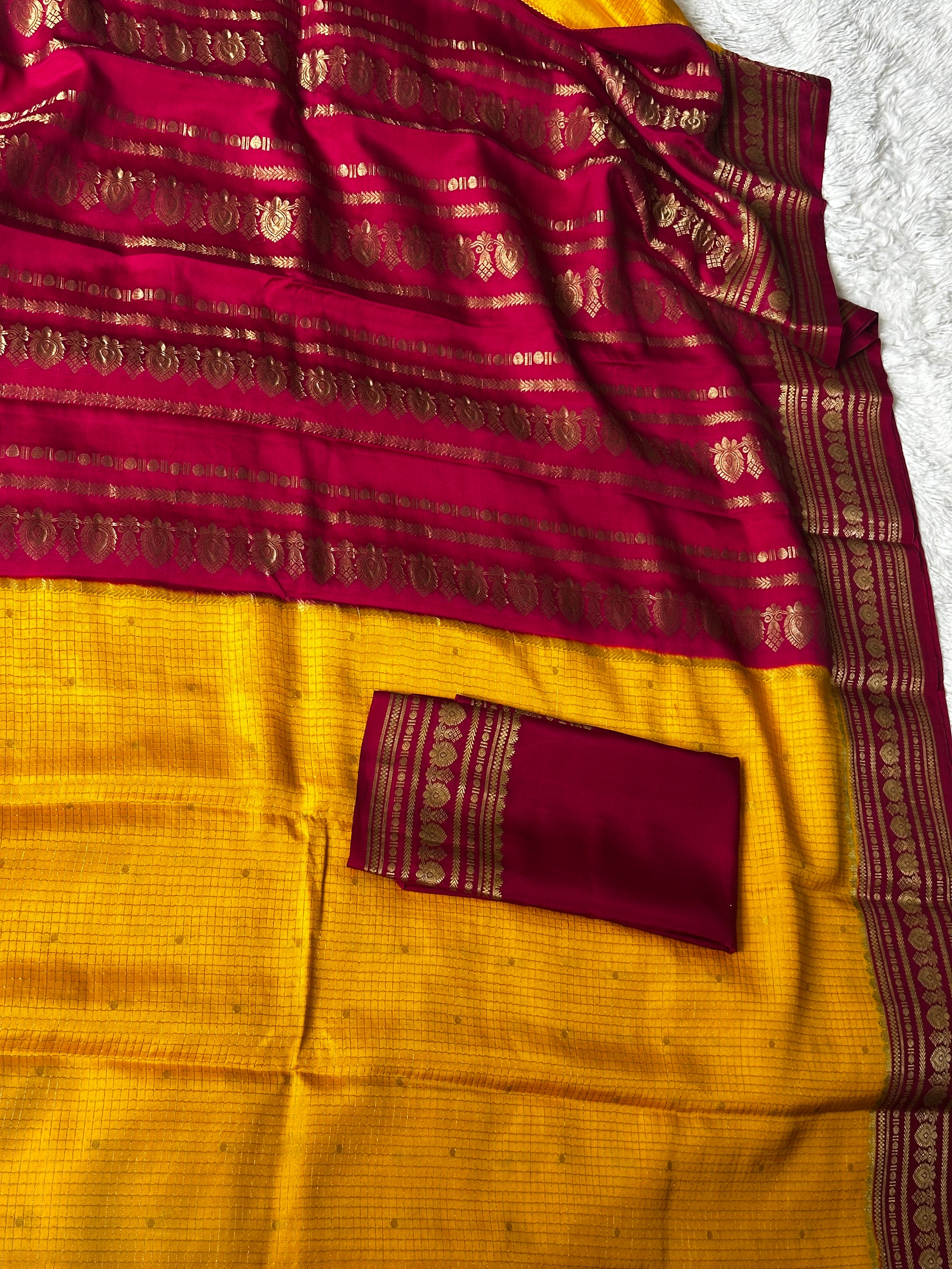 Yellow & Pink - 120 gsm - Mysore Crepe Saree