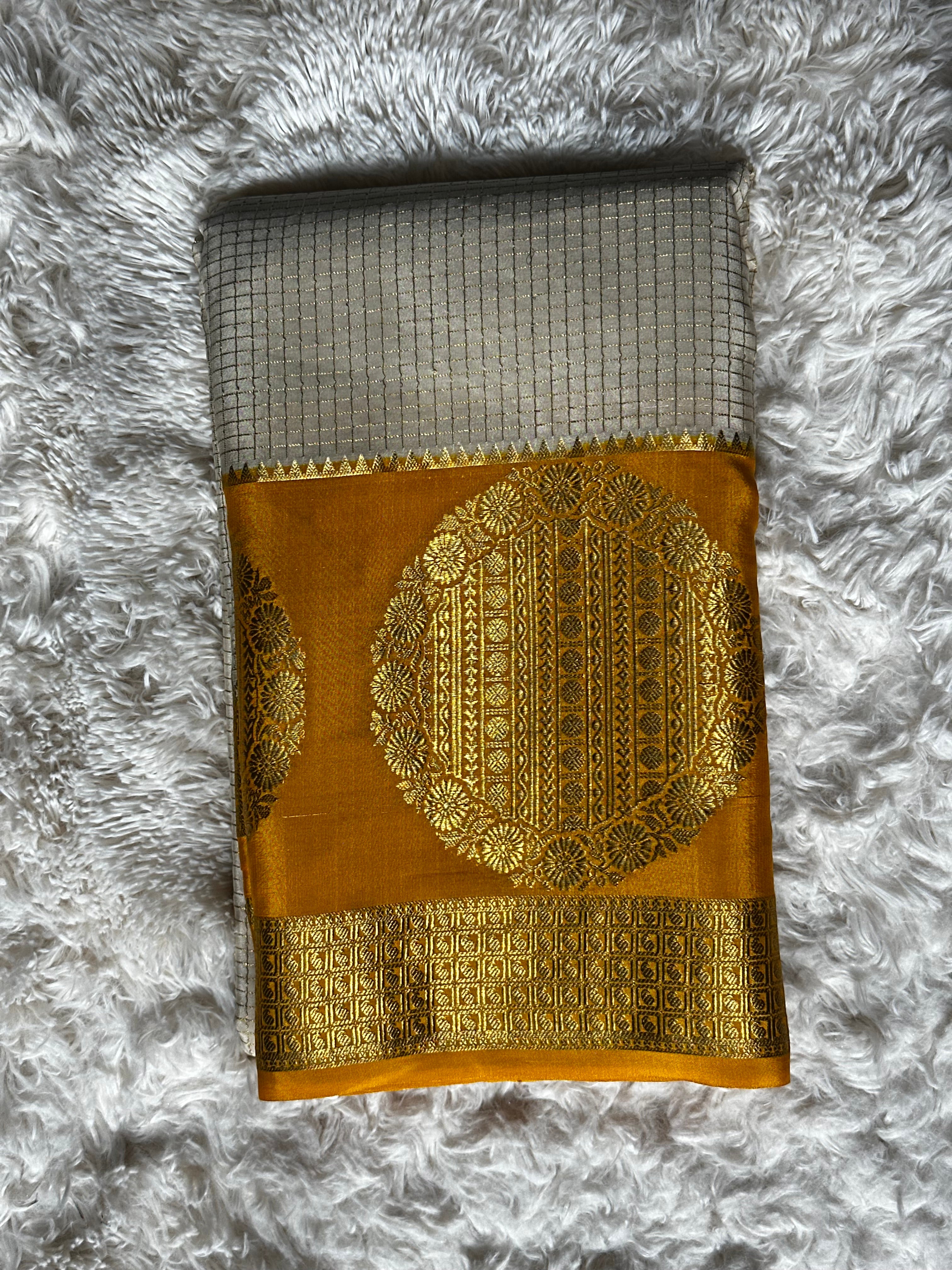 Beige and Yellow - Mysore Crepe Saree