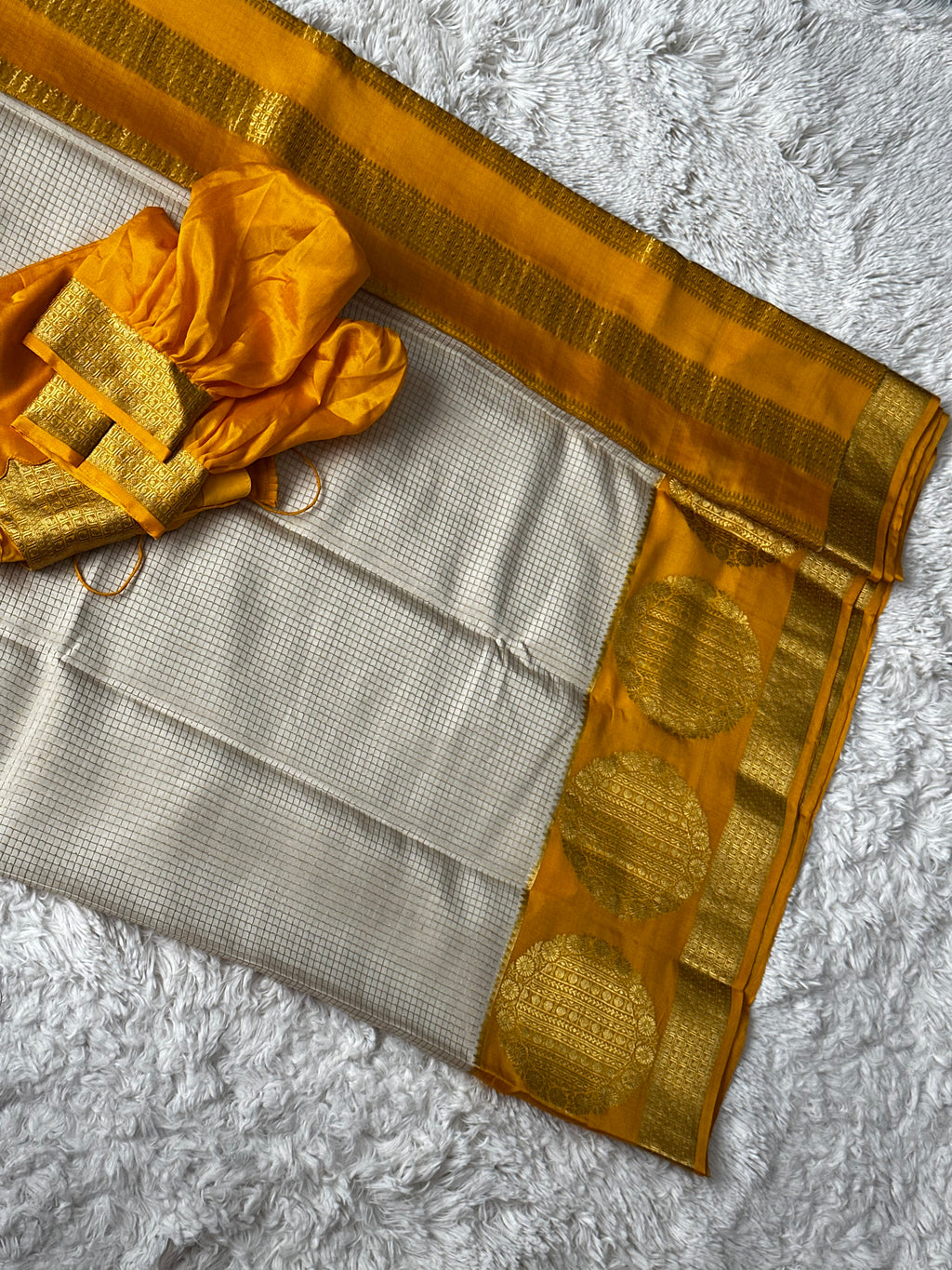 Beige and Yellow - Mysore Crepe Saree