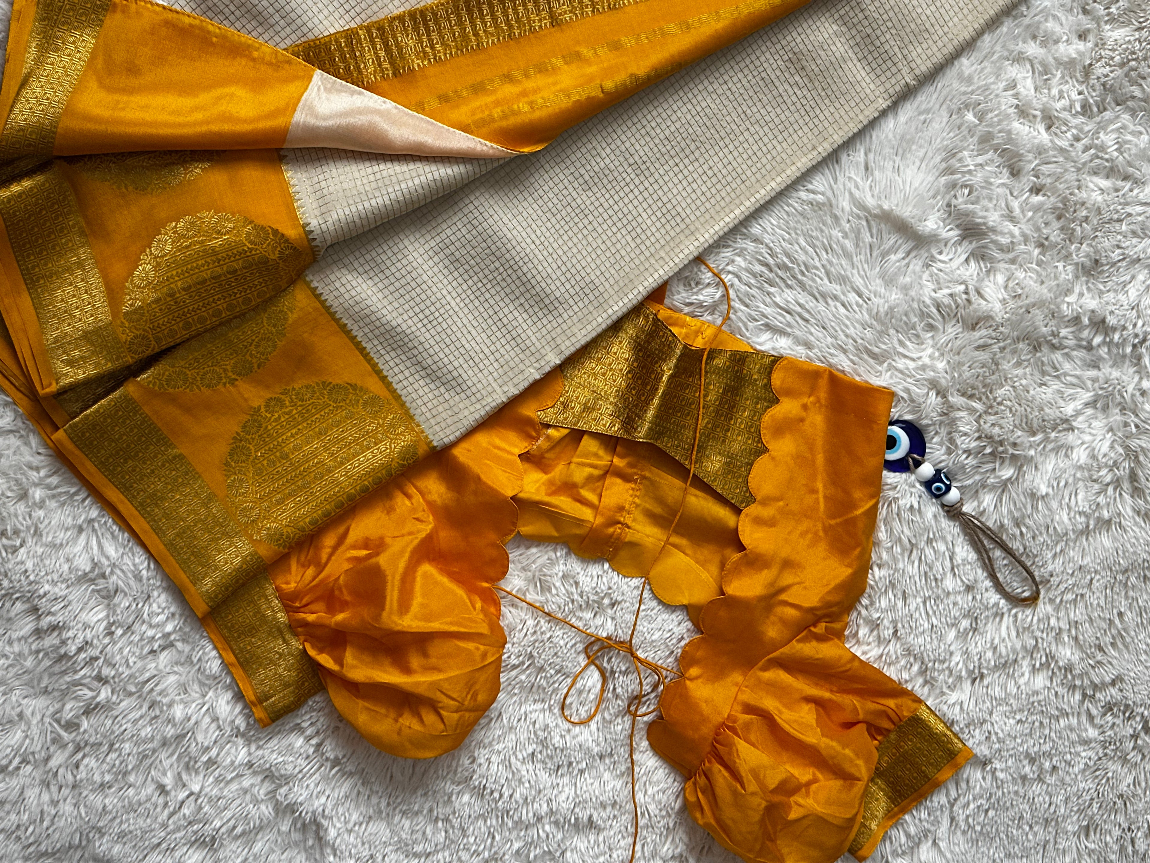 Beige and Yellow - Mysore Crepe Saree