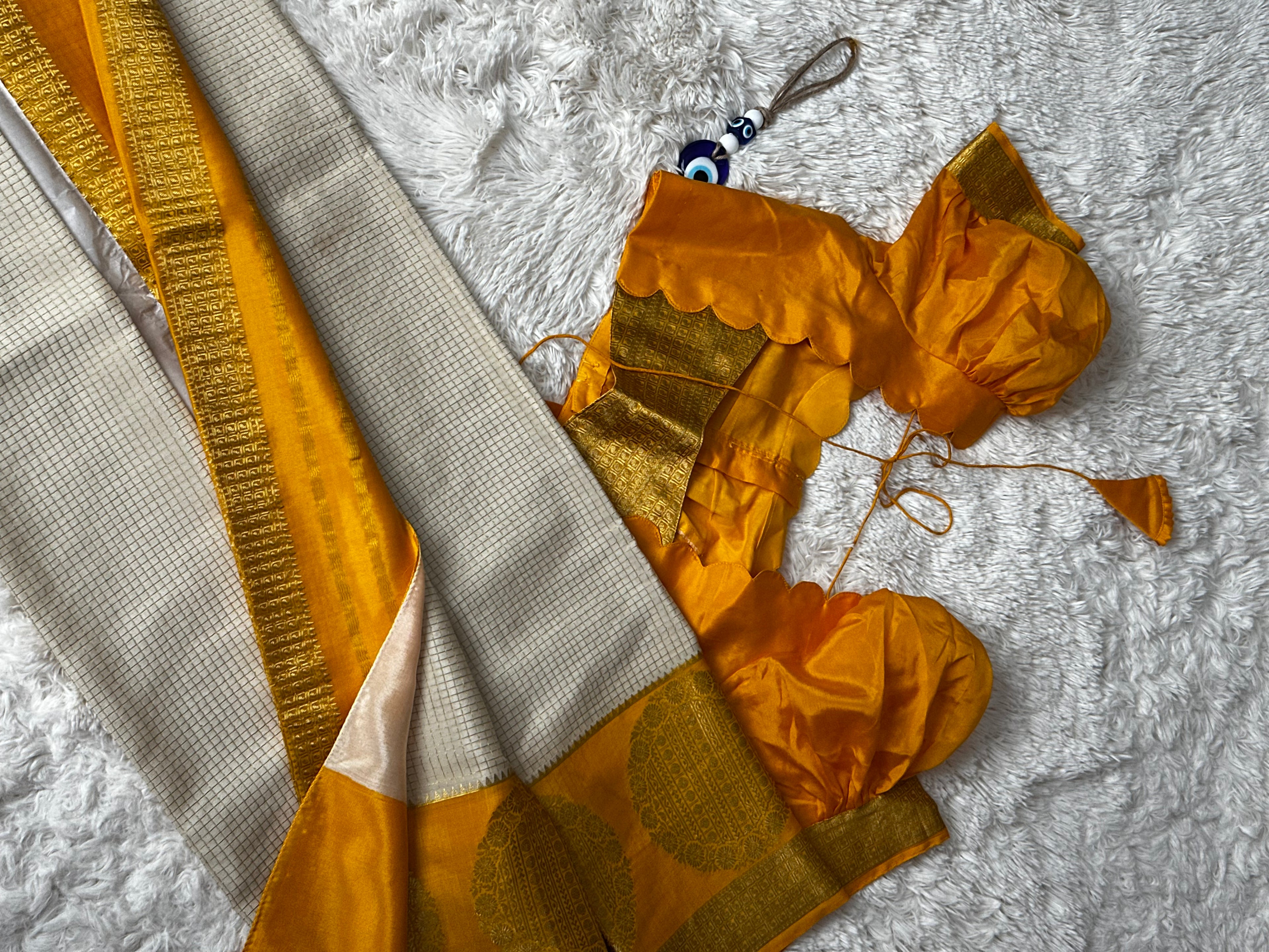 Beige and Yellow - Mysore Crepe Saree