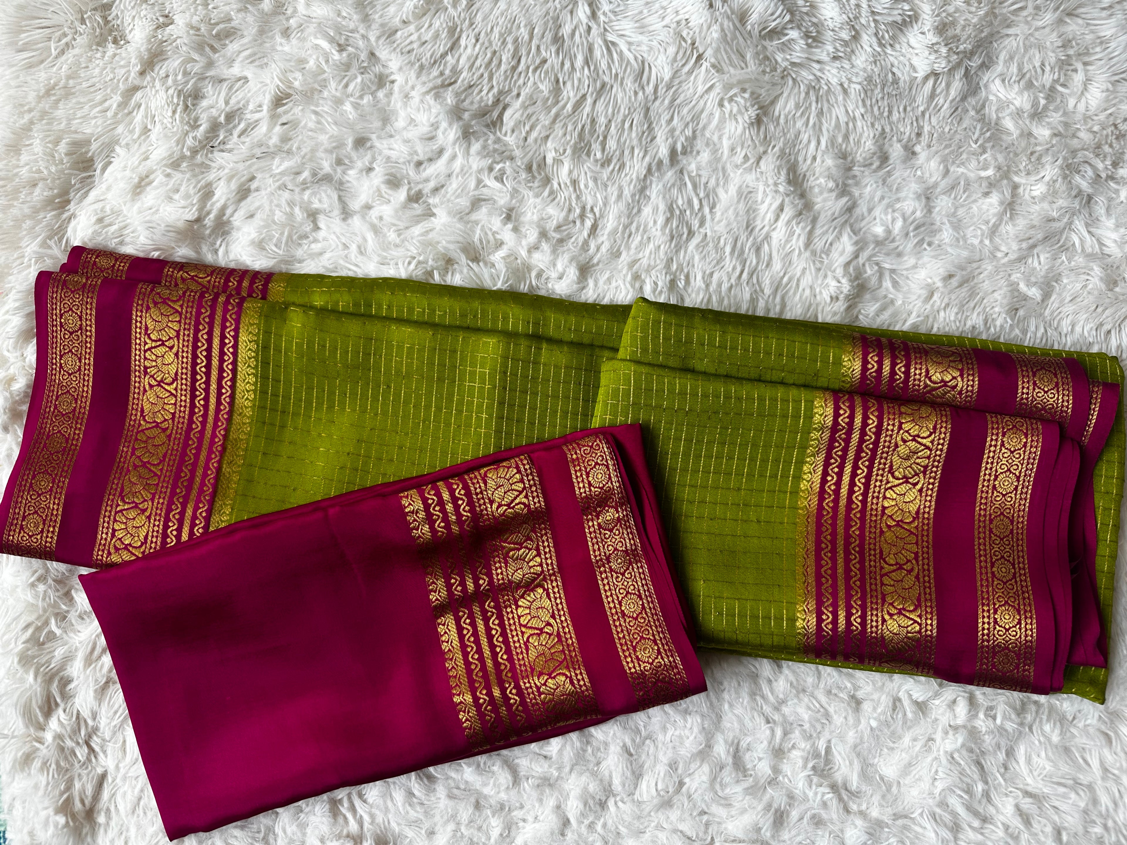 Parrot Green & Pink - 120 gsm - Mysore Crepe Saree