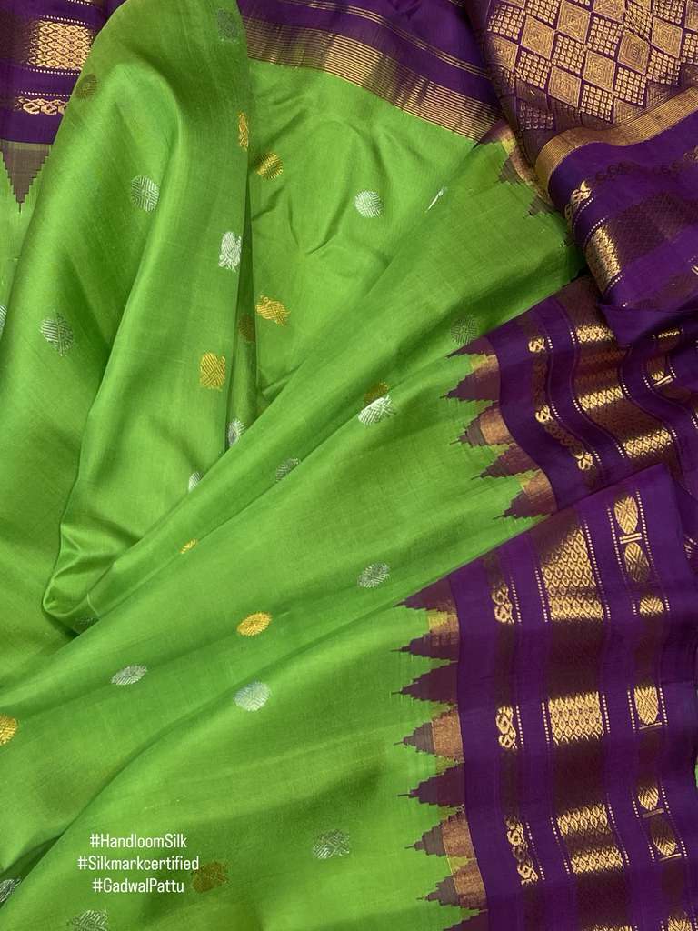 Parrot Green & Purple - Gadwal Silk Saree