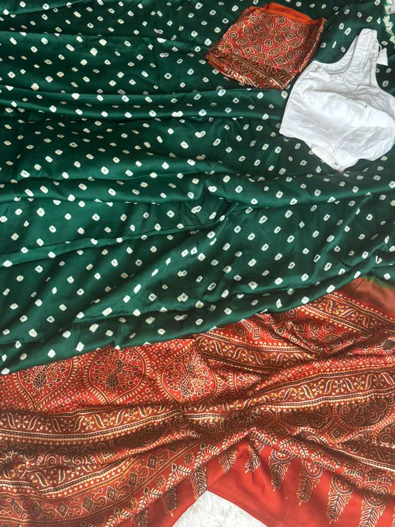 Bottle Green - Ajrakh Bandhani Saree