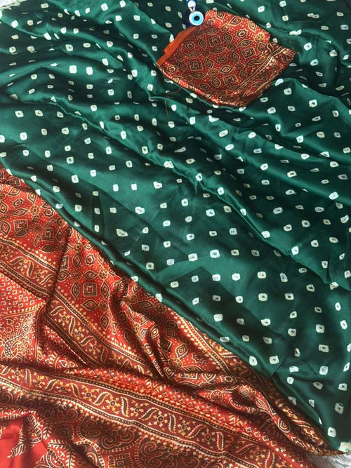 Bottle Green - Ajrakh Bandhani Saree