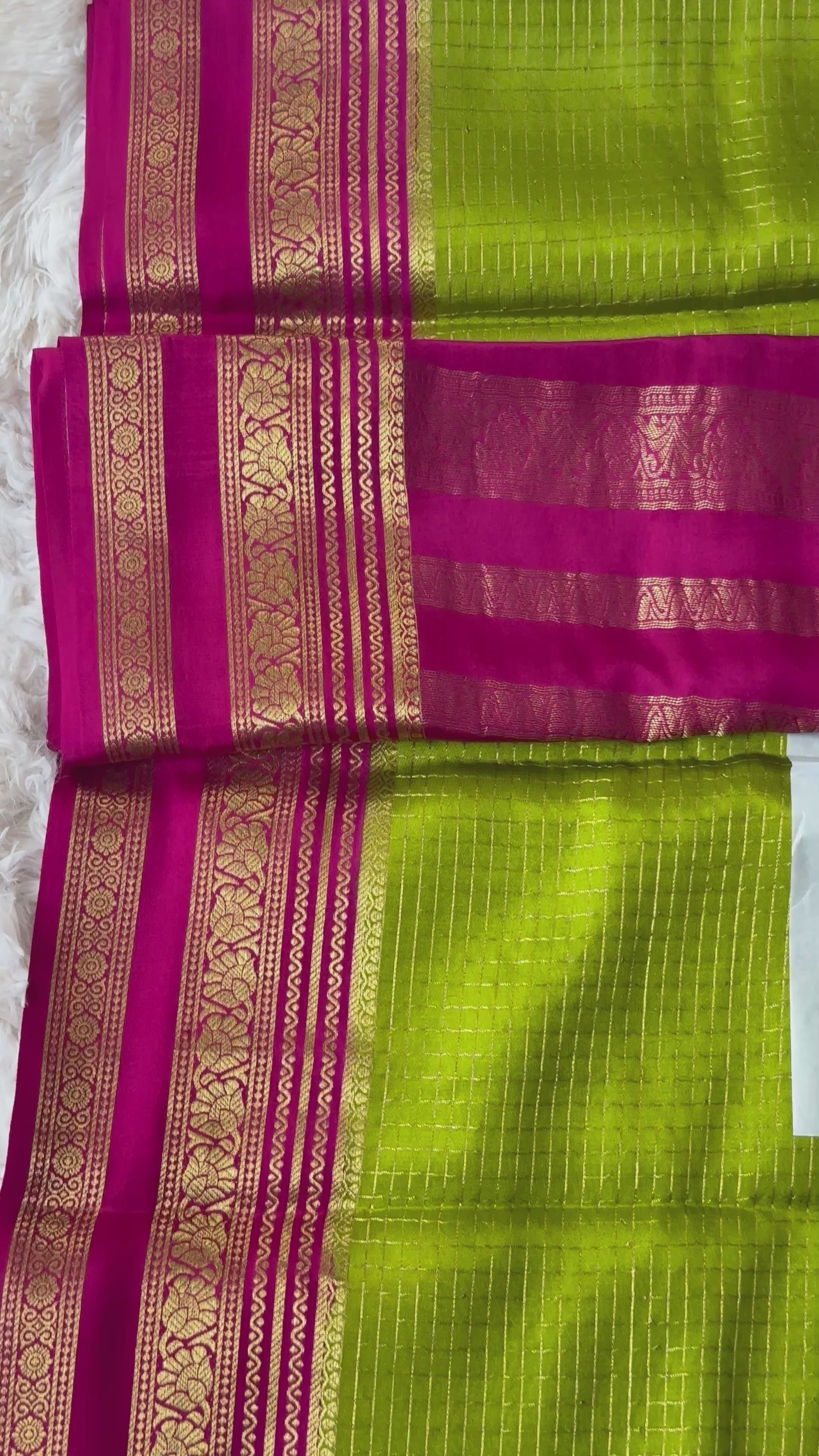 Parrot Green & Pink - 120 gsm - Mysore Crepe Saree